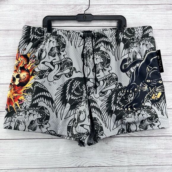 ($65) Ed Hardy Skull Panther 5" Mesh Basketball‎ Shorts Mens XL Grey Eagle Snake - Picture 1 of 8